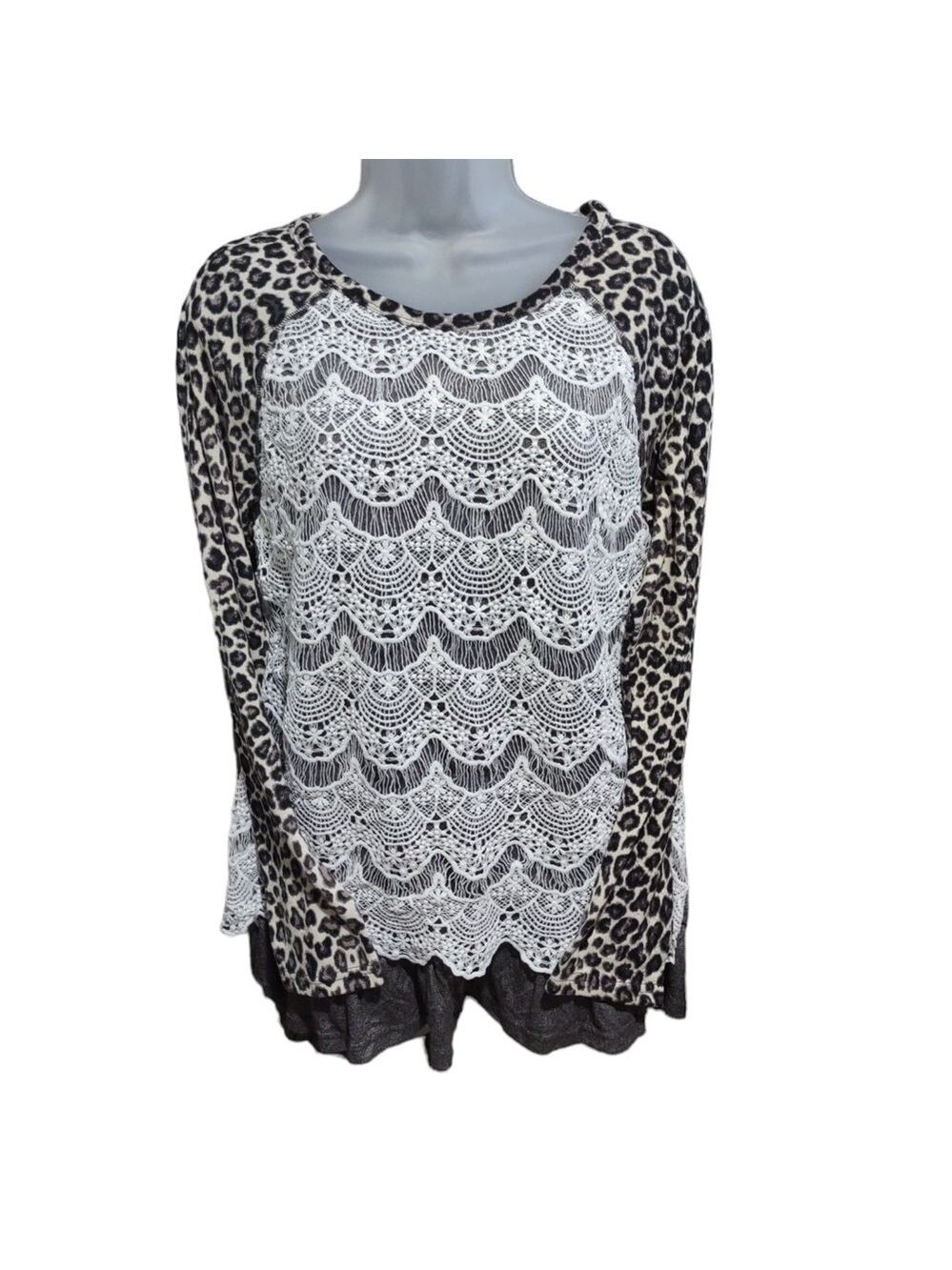 Kori America Lace Overlay Top Animal Print Gray Small